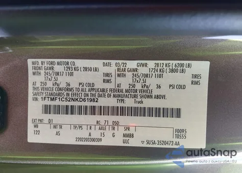 2022 Ford F-150 Xl z USA, uszkodzony, nr VIN 1FTMF1C52NKD61982